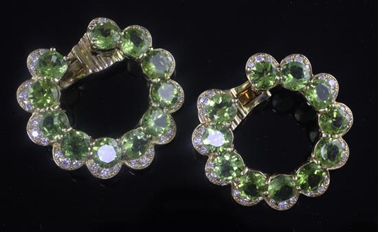 A pair of 18ct gold, peridot and diamond large hoop ear clips, diameter 34mm.